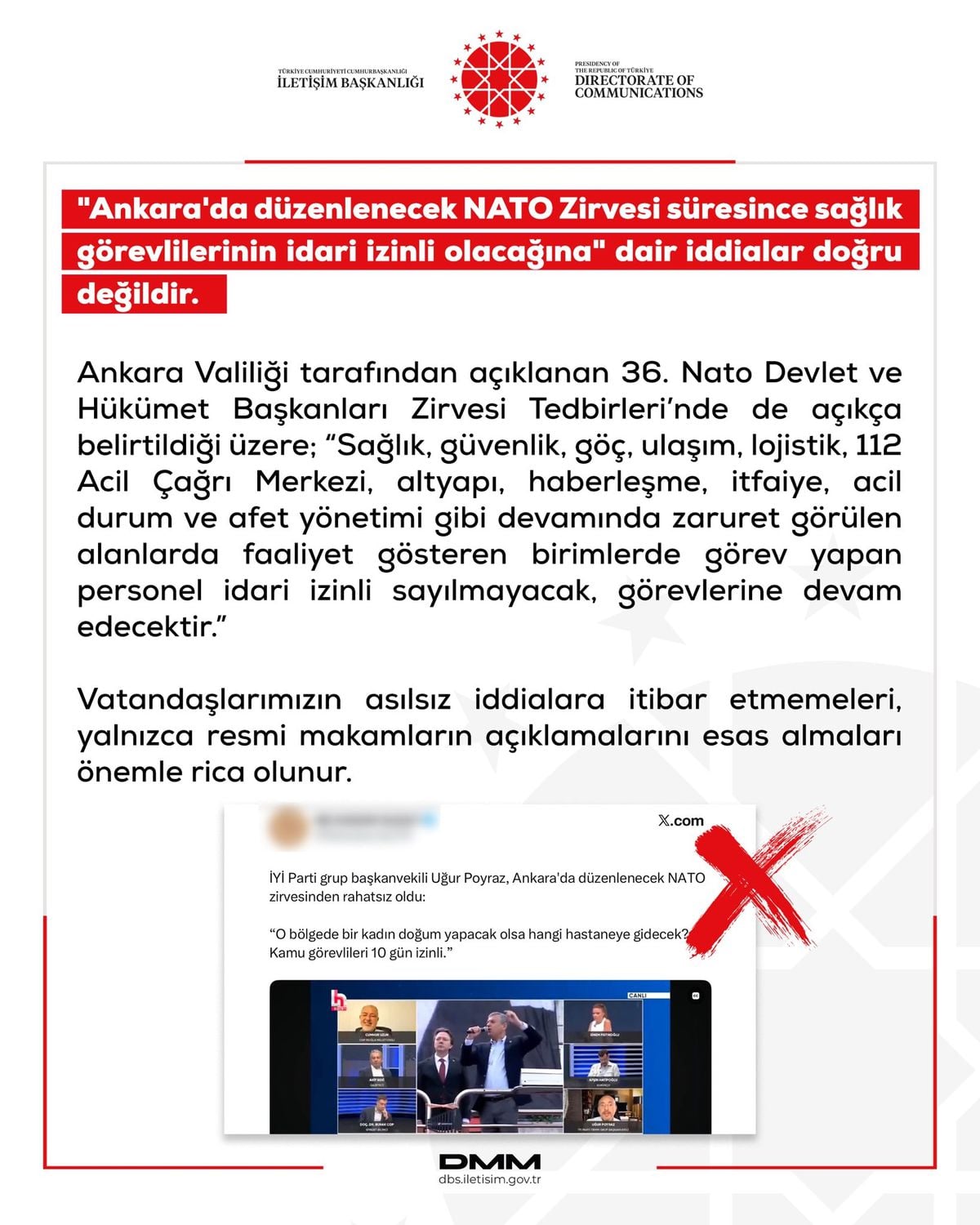 DMM: 'Ankara'da NATO Zirvesi süresince sağlık görevlilerinin idari izinli olacağına' dair iddialar doğru değildir