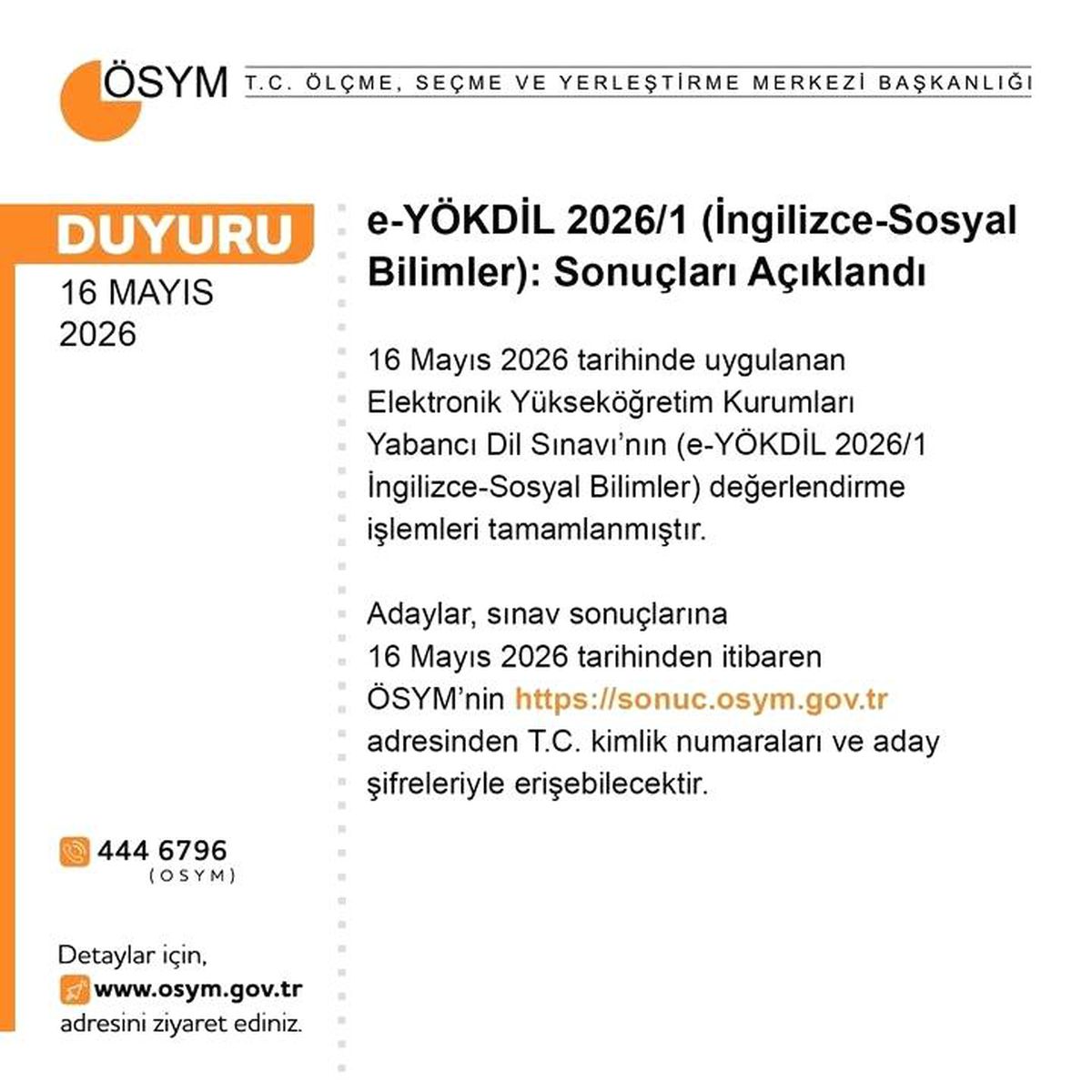 e-YÖKDİL 2026/1 sonuçları açıklandı