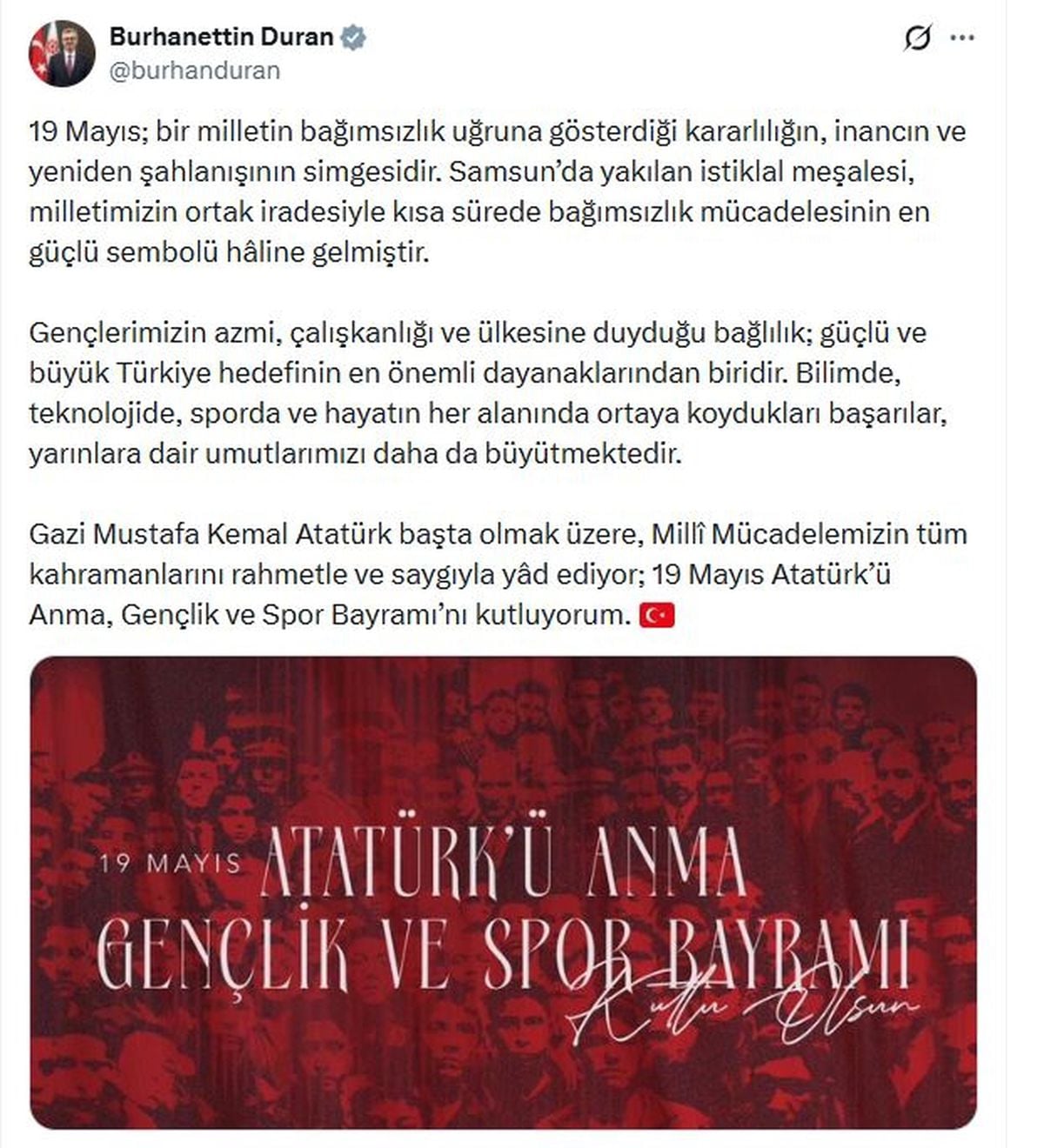 İletişim Başkanı Duran'dan 19 Mayıs Mesajı: 'İstiklal Meşalesi Milletimizin Ortak İradesiyle Güçlendi'