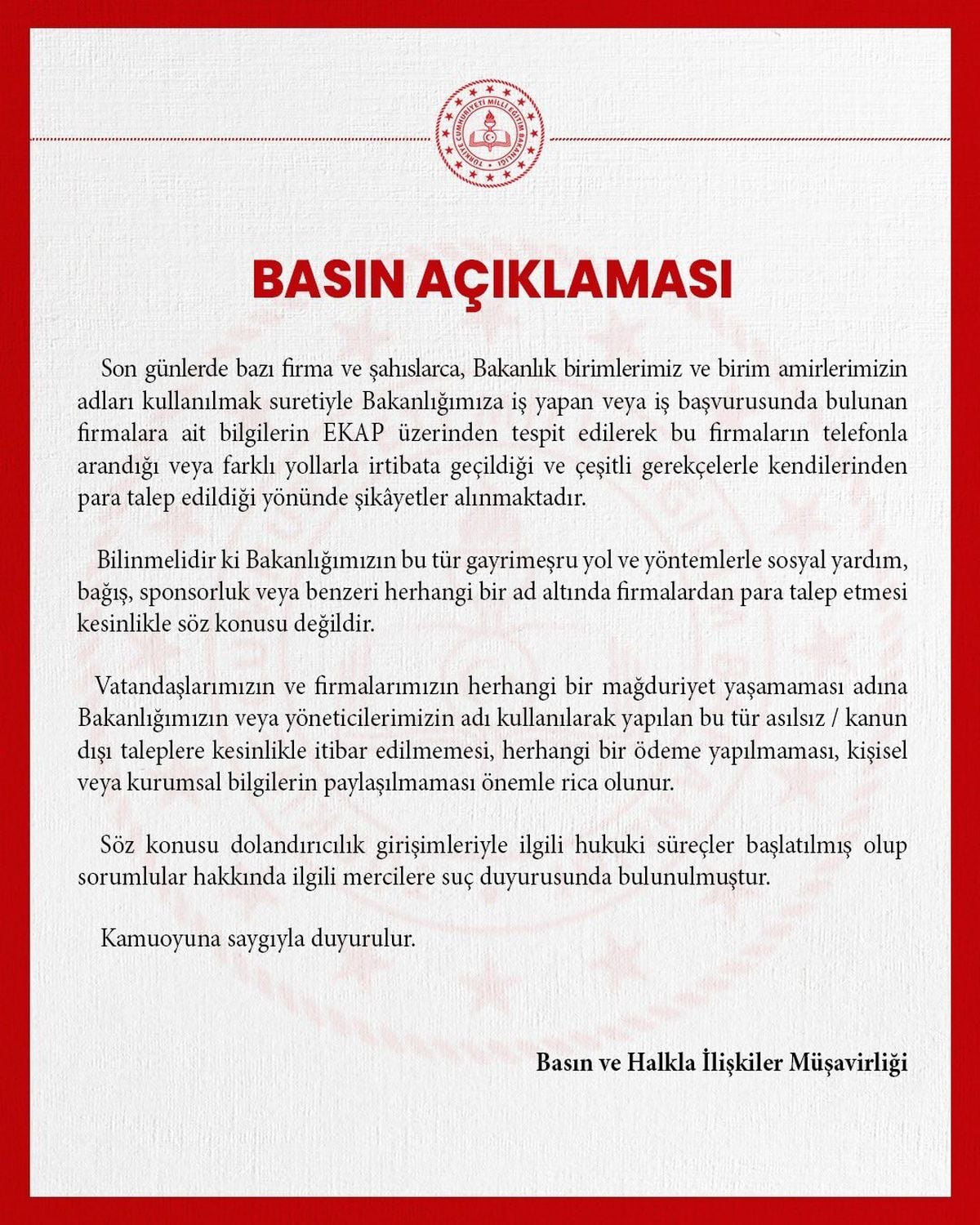 MEB dolandırıcılık uyarısı: Para taleplerine itibar etmeyin